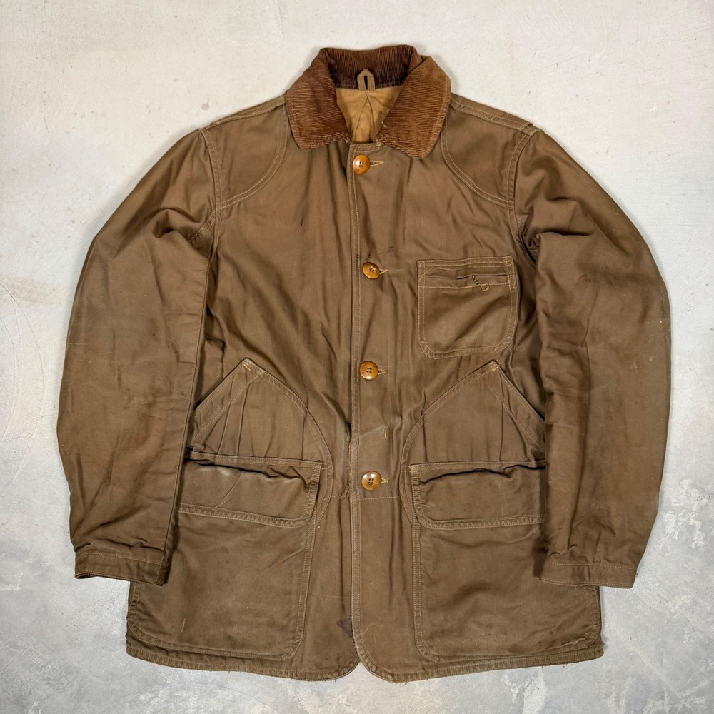 vtg 40s American Field Hettrick Canvas Hunting Jacket Med Brown Corduroy Collar